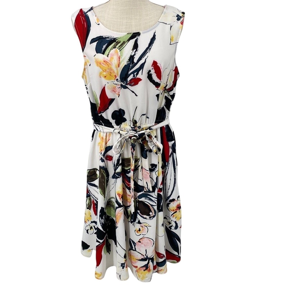 Signature Collection Floral Sleeveless Midi Dress White Red Blue Size L 14-16